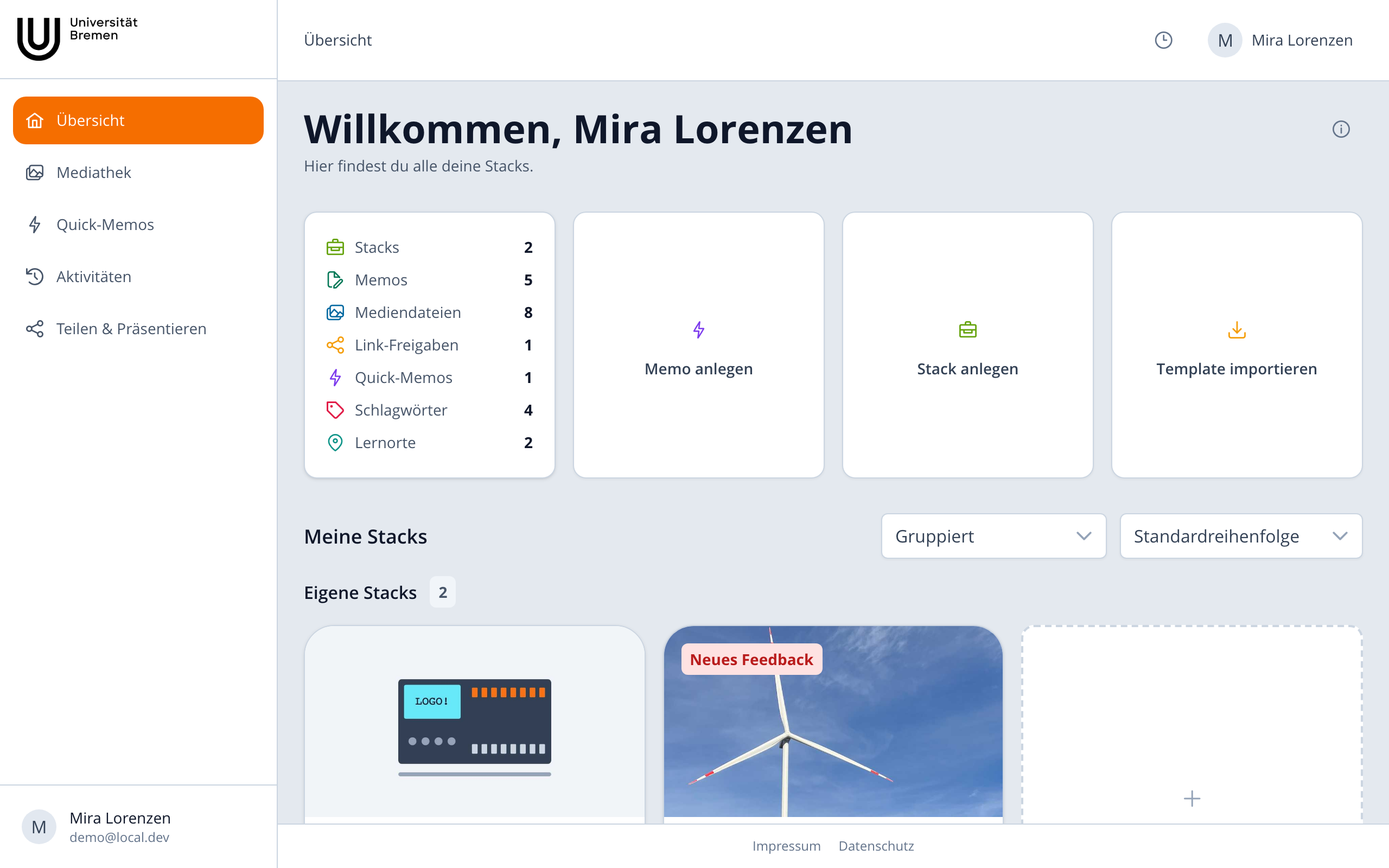 Dashboard mit Statistik, Schnellaktionen und Stacks