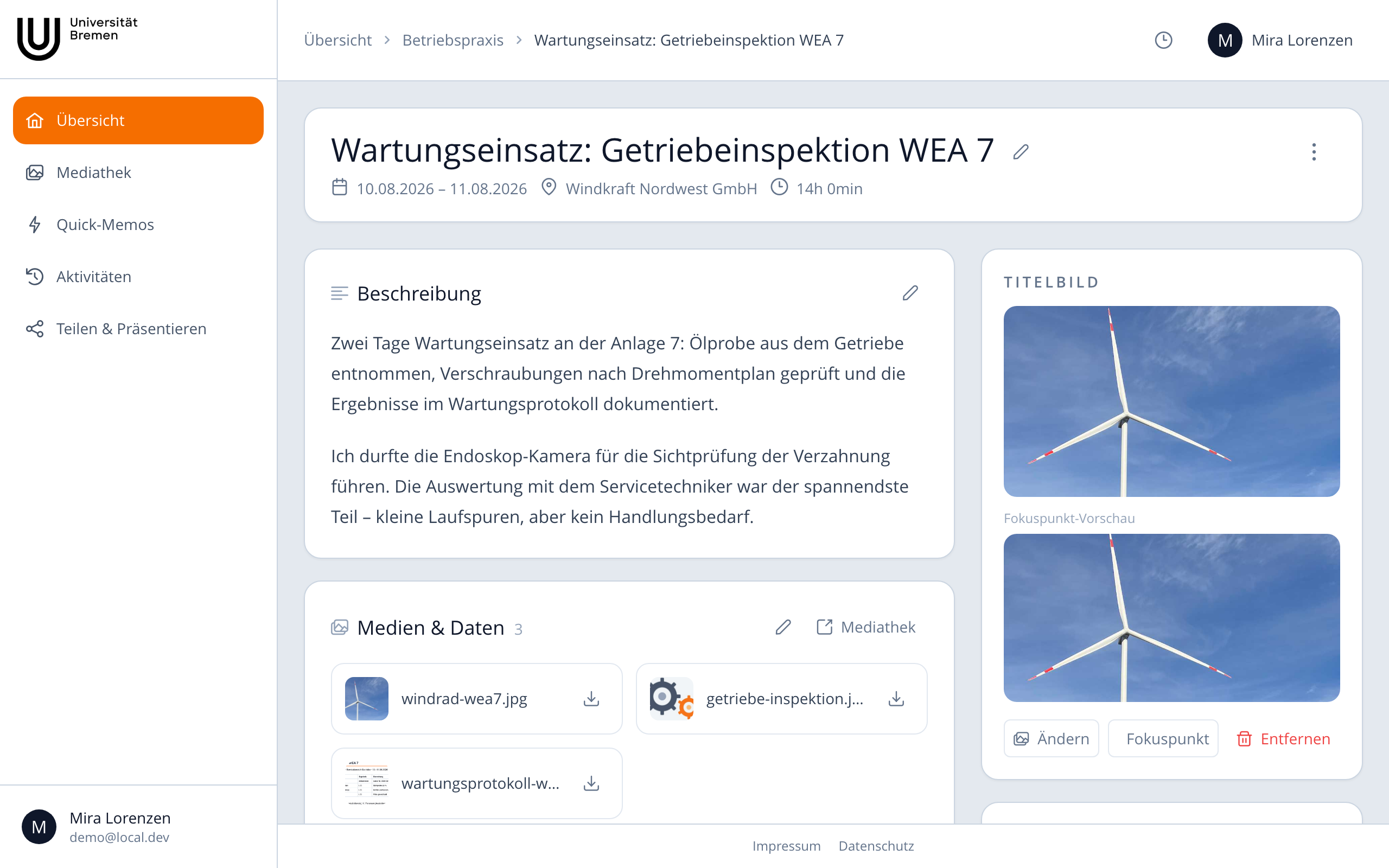 Memo-Detailseite mit Beschreibung, Medien und Titelbild