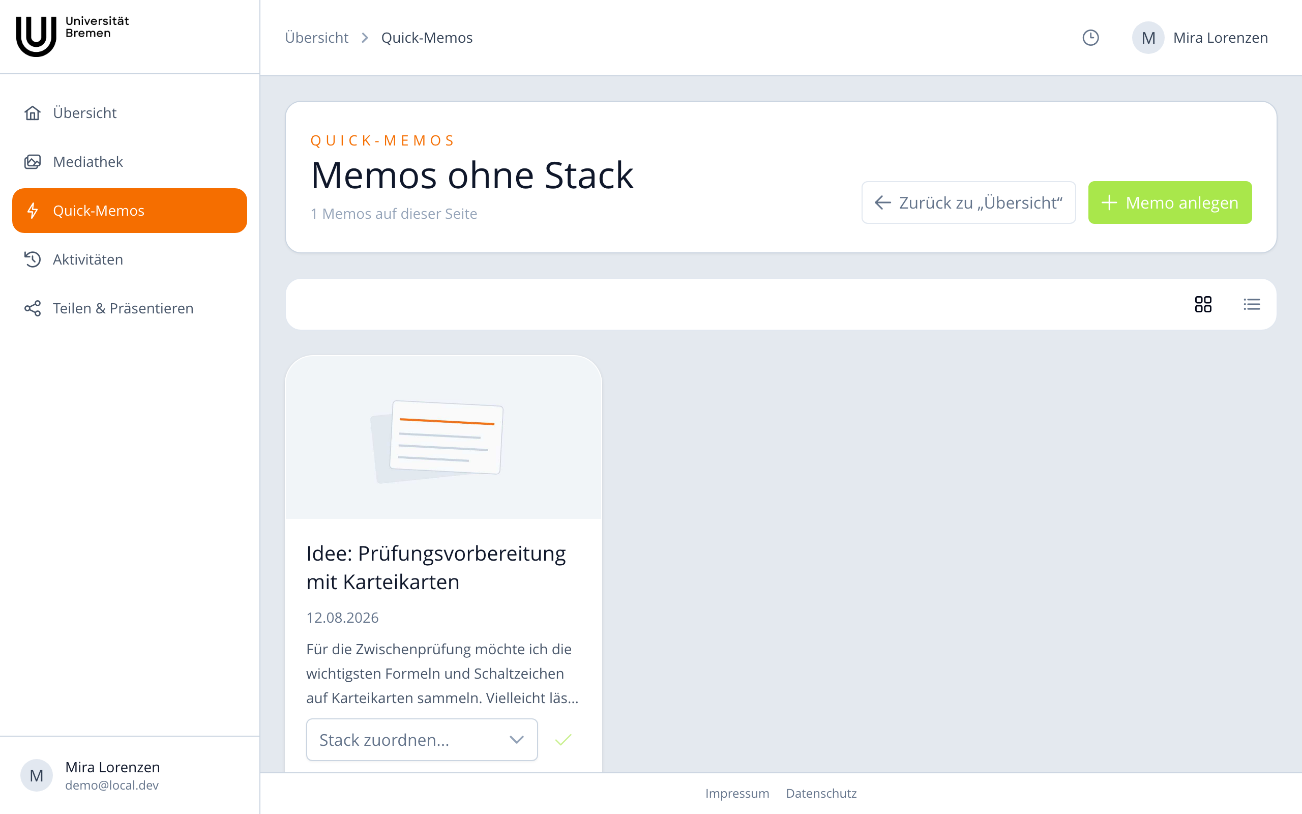 Quick-Memos mit Zuordnungs-Auswahl