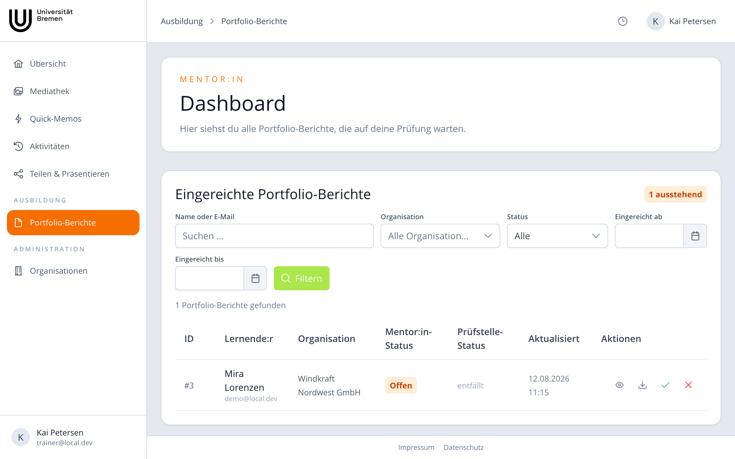 Dashboard für Mentor:innen mit eingereichten Berichten
